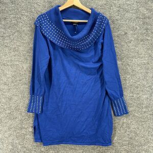 Questions Sweater Pullover Women 3X Plus Blue Cowl Neck Rhinestone Rayon Knit